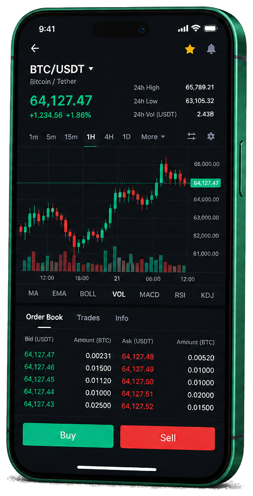 Interface mobile de trading Apex Schwarc — cotations BTC/USDT en temps réel, carnet d’ordres et outils de suivi des opérations